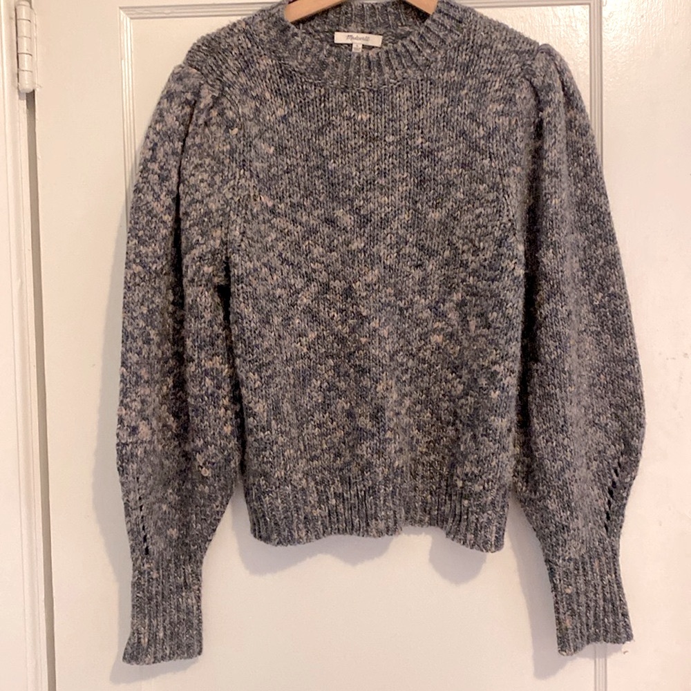 Madewell Gray Sweater with Chunky Knit and Puff Sleeves